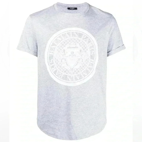 NWT Balmain Men’s Coin Flock Raised Logo Short Sleeve Tee Gray White XS - Picture 1 of 7